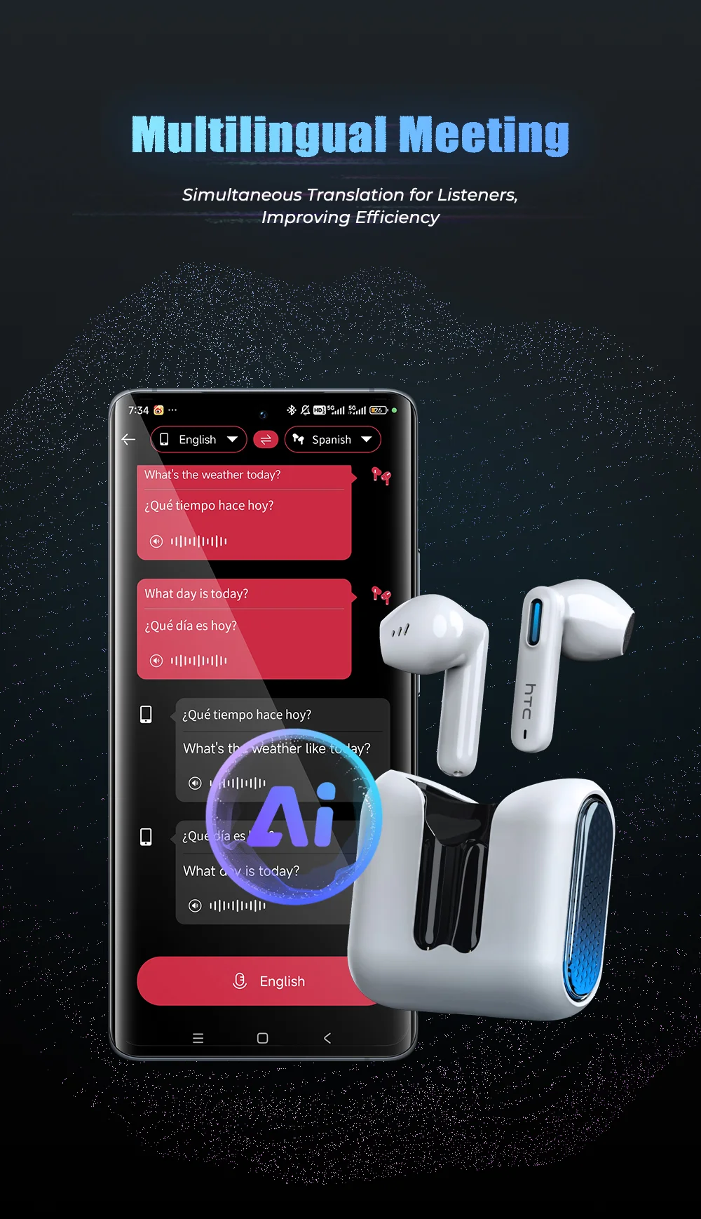 2026 Language Translator Earbuds HTC NE49 TWS Low Latency Gaming Earphones Bluetooth HiFi Stereo Sound HD Call With Mic