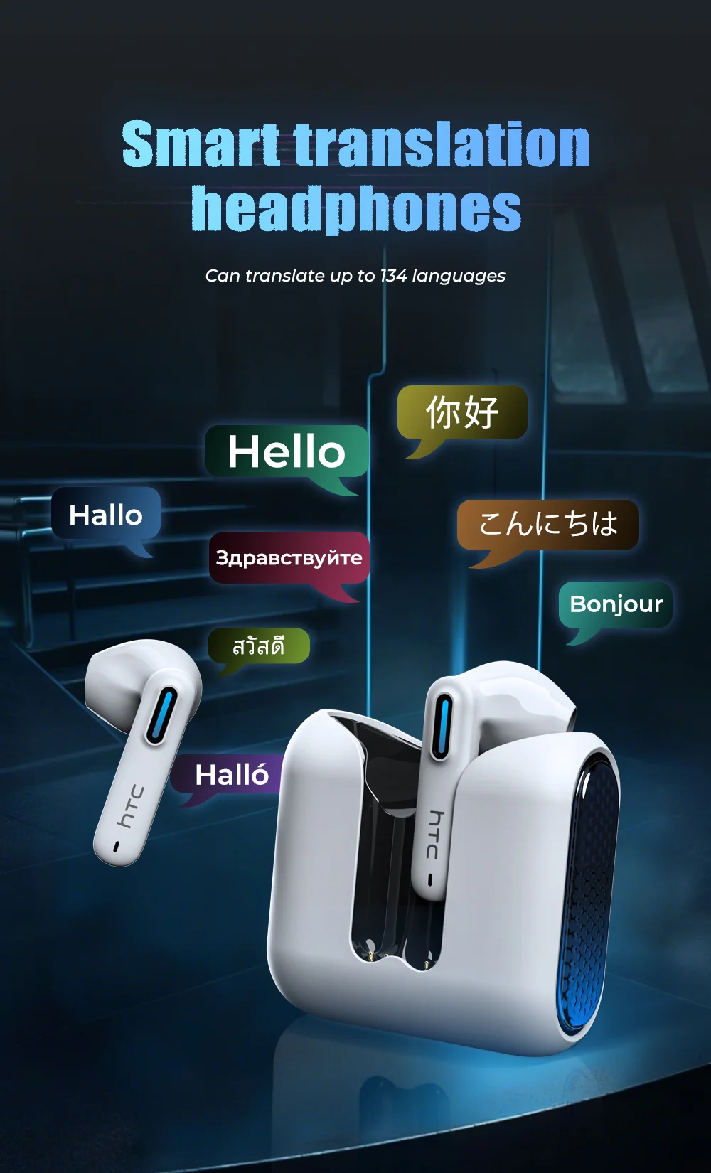 2026 Language Translator Earbuds HTC NE49 TWS Low Latency Gaming Earphones Bluetooth HiFi Stereo Sound HD Call With Mic