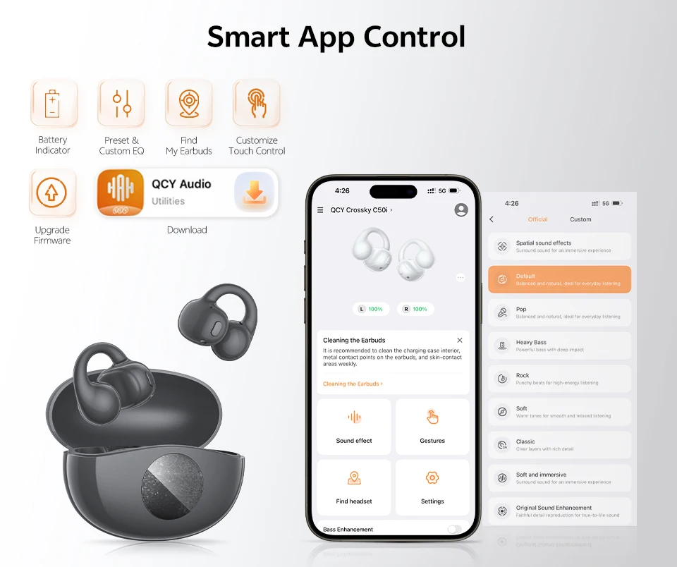QCY Crossky C50i Open Ear Bluetooth Earphones Hi-Res LDAC Ear Clip Wireless BT6.0 Sports Earbuds Clip On 4-Mics Headphones 42H