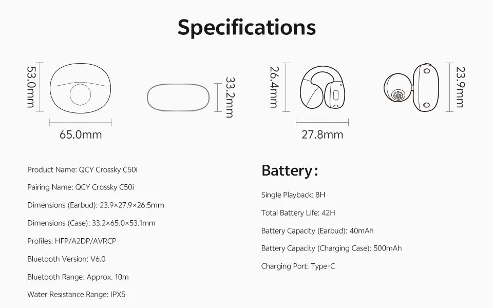 QCY Crossky C50i Open Ear Bluetooth Earphones Hi-Res LDAC Ear Clip Wireless BT6.0 Sports Earbuds Clip On 4-Mics Headphones 42H