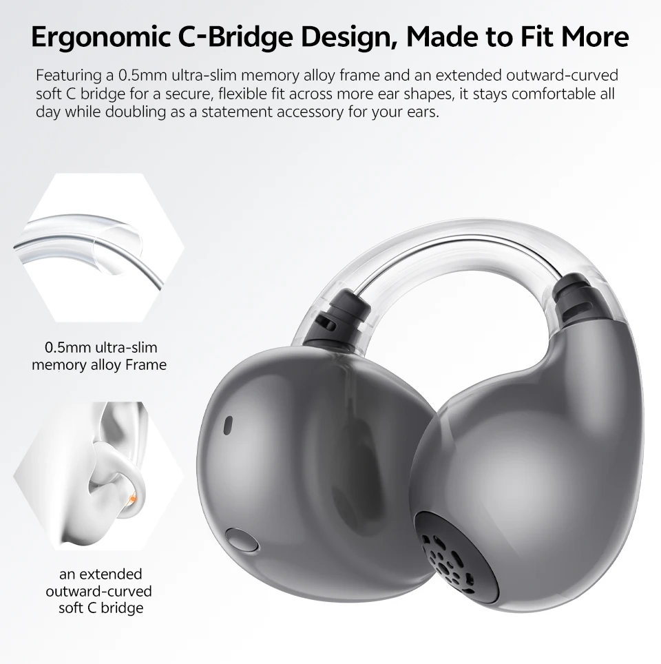 QCY Crossky C50i Open Ear Bluetooth Earphones Hi-Res LDAC Ear Clip Wireless BT6.0 Sports Earbuds Clip On 4-Mics Headphones 42H