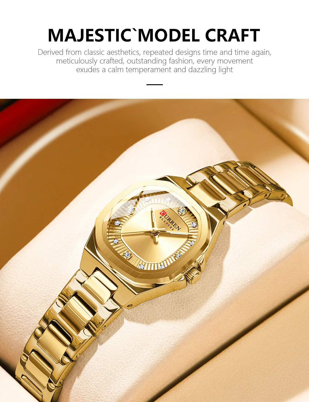 CURREN Gold Women's Watch Diamond Accents Stylish Stainless Steel Band, Elegant Design Comes with Free Box