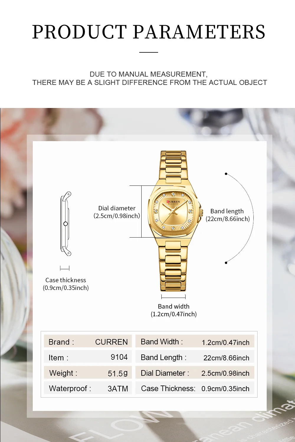 CURREN Gold Women's Watch Diamond Accents Stylish Stainless Steel Band, Elegant Design Comes with Free Box