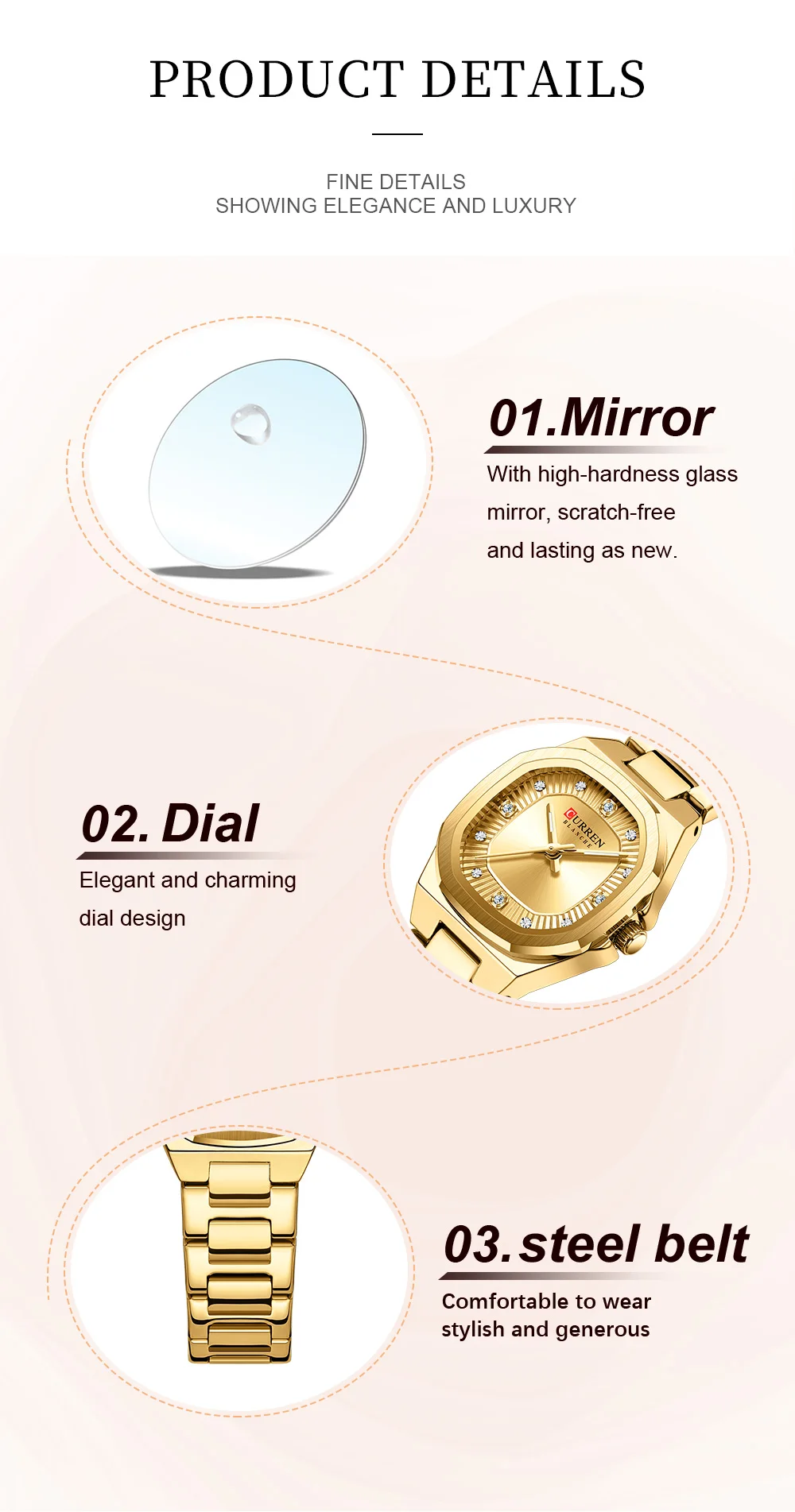 CURREN Gold Women's Watch Diamond Accents Stylish Stainless Steel Band, Elegant Design Comes with Free Box
