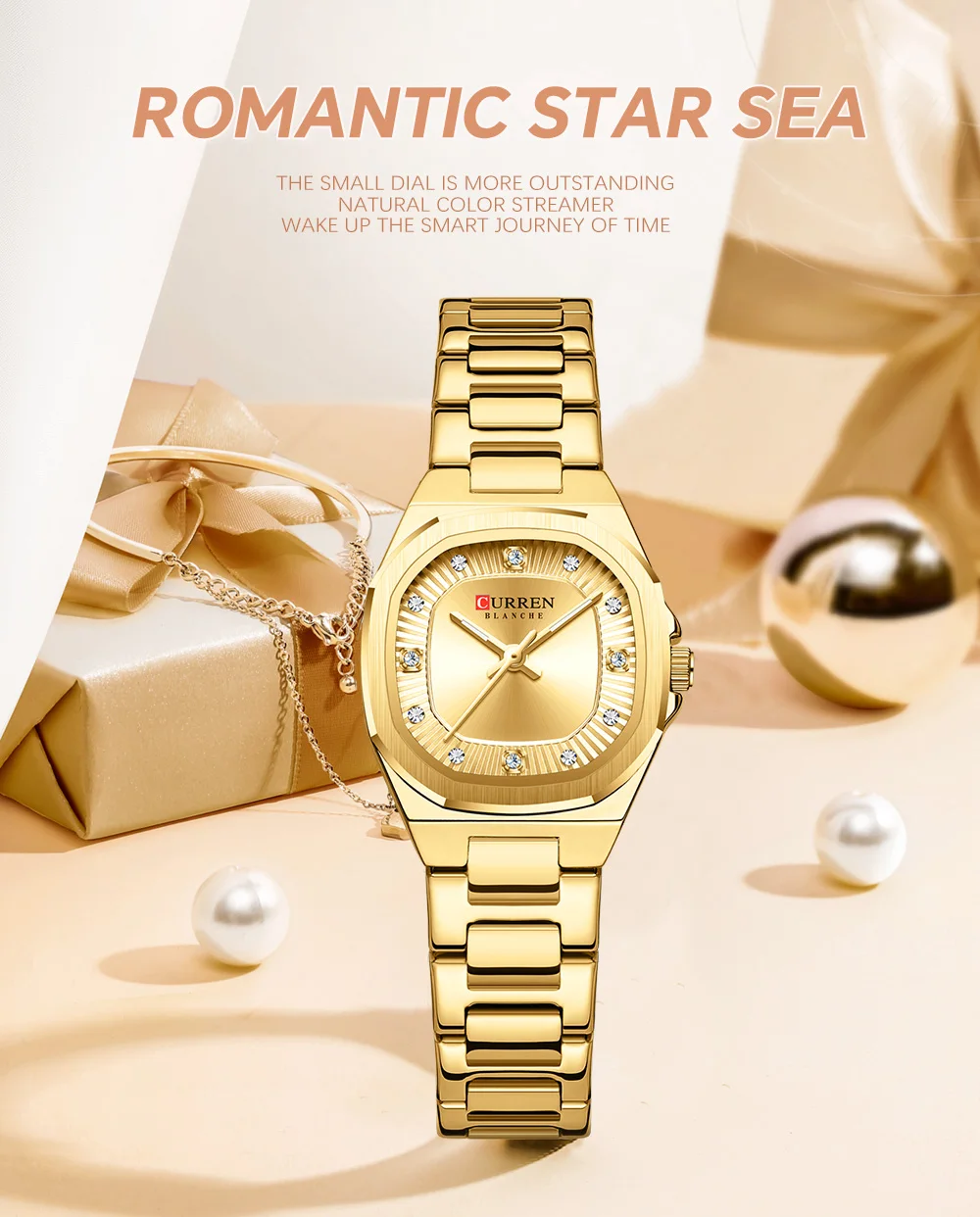 CURREN Gold Women's Watch Diamond Accents Stylish Stainless Steel Band, Elegant Design Comes with Free Box