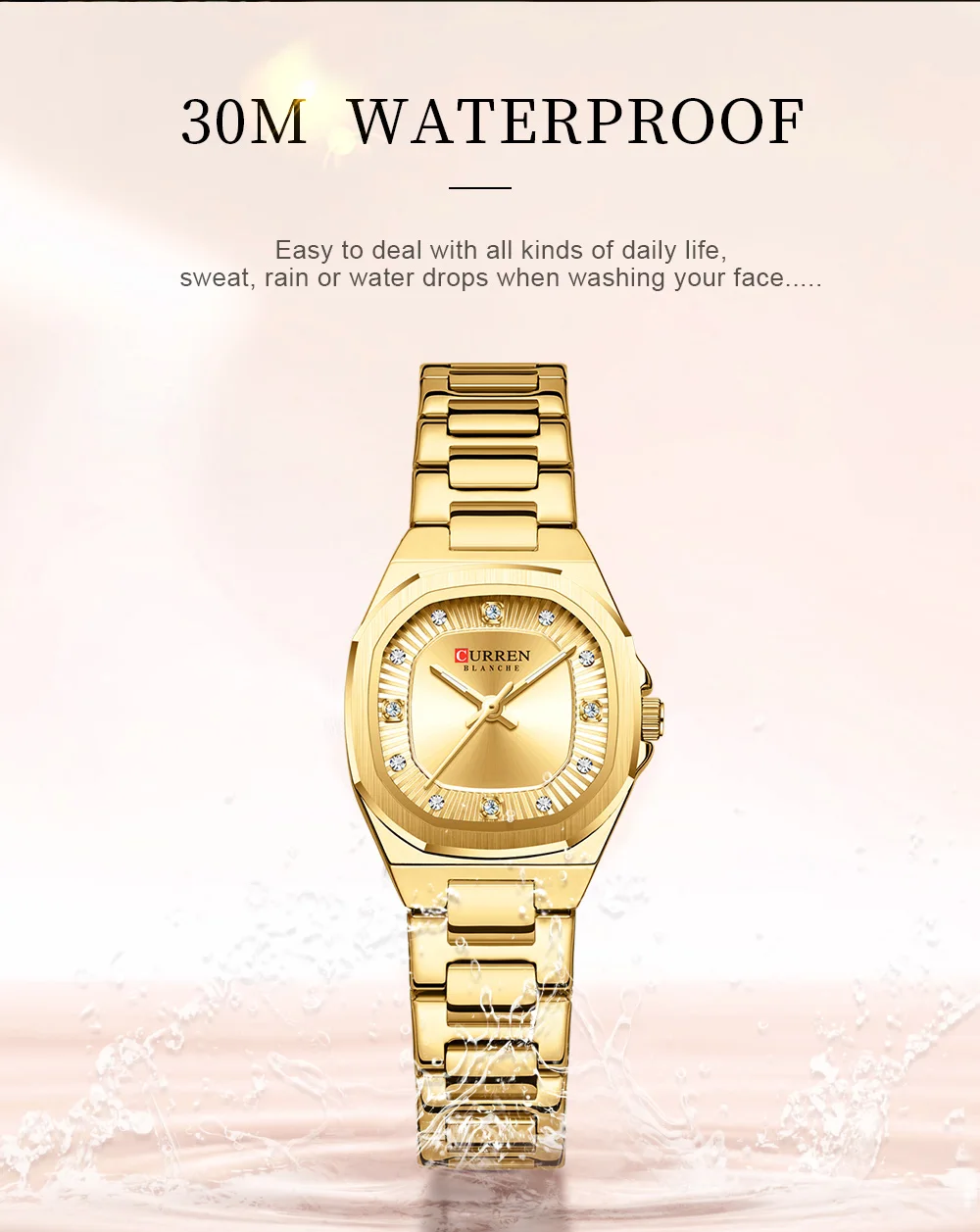 CURREN Gold Women's Watch Diamond Accents Stylish Stainless Steel Band, Elegant Design Comes with Free Box