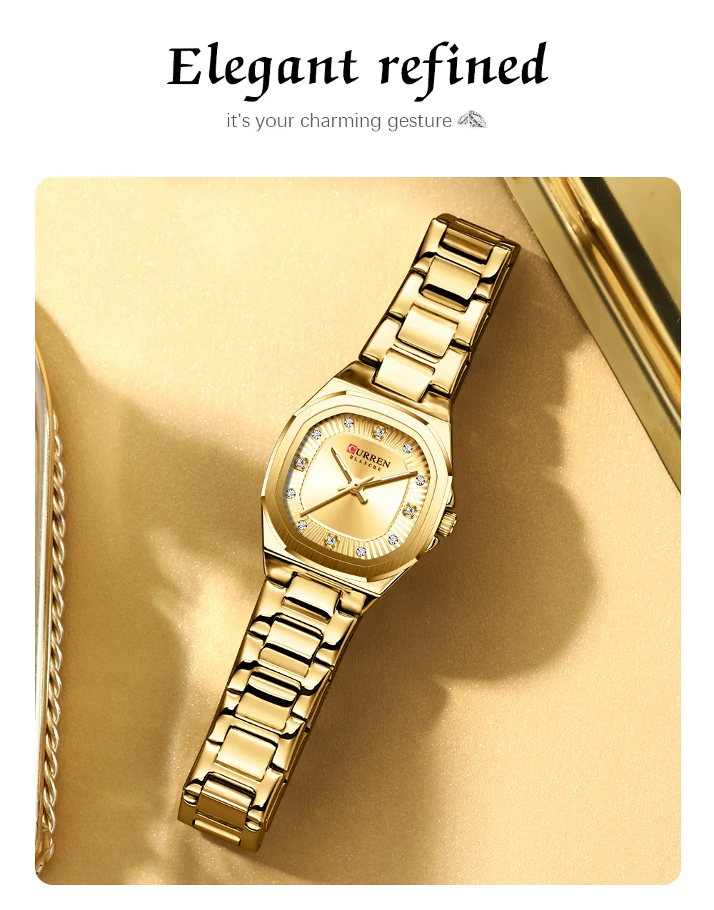CURREN Gold Women's Watch Diamond Accents Stylish Stainless Steel Band, Elegant Design Comes with Free Box