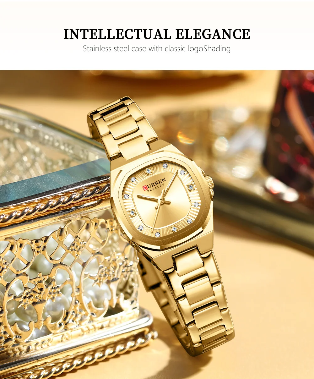 CURREN Gold Women's Watch Diamond Accents Stylish Stainless Steel Band, Elegant Design Comes with Free Box