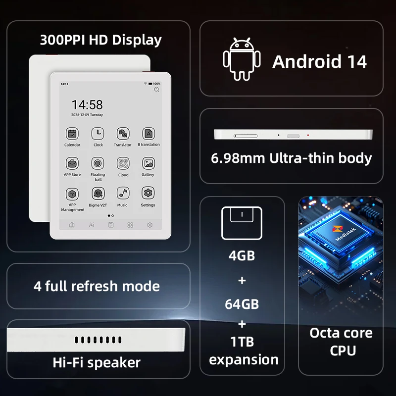Bigme B6 Ebook Reader, 6'' B&W E-Ink Screen Electronic Book, 300PPI HD Display E-Reader, Android 14 OS, 4+64GB Paper-Like E-Book