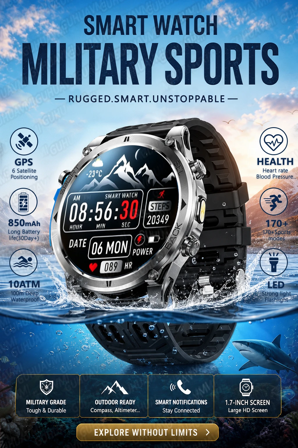 2026New Military T-RX4 Built in GPS Outdoor Smart Watch 10ATM Waterproof Compass  850mAh Battery 1.7”AMOLED Sports Fitness Clock