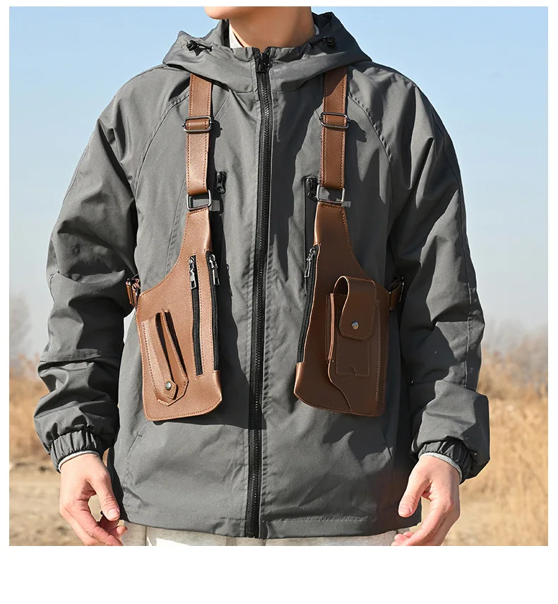 HOMEFISH Double Shoulder Strap Tactical Fishing Bag Waterproof PU Multi-Pocket Outdoor Anti-Theft Crossbody Bag Multi-Purpose