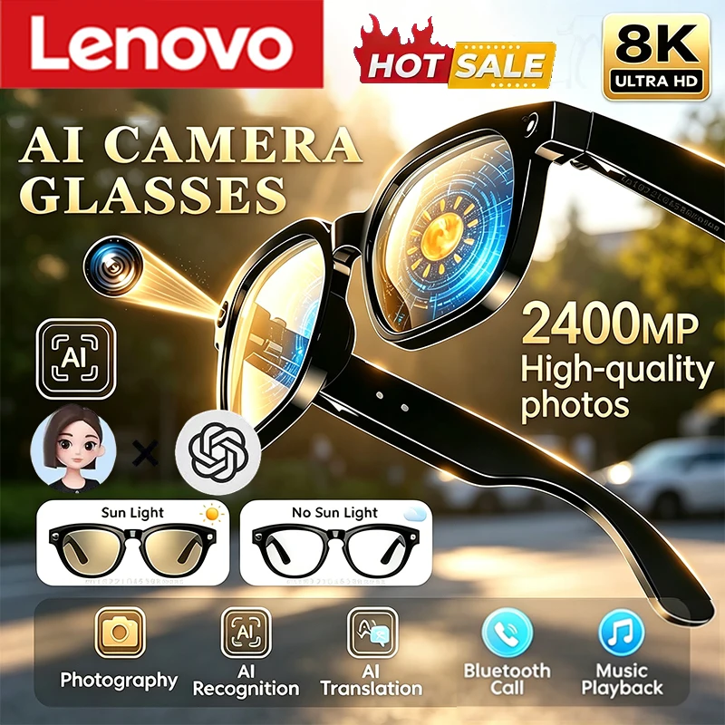 Lenovo 8K AI Camera Glasses Multi-functional 2400MP Photochromic Smart Glasse Anti-shake Shooting Tech With 290mah Large Battery