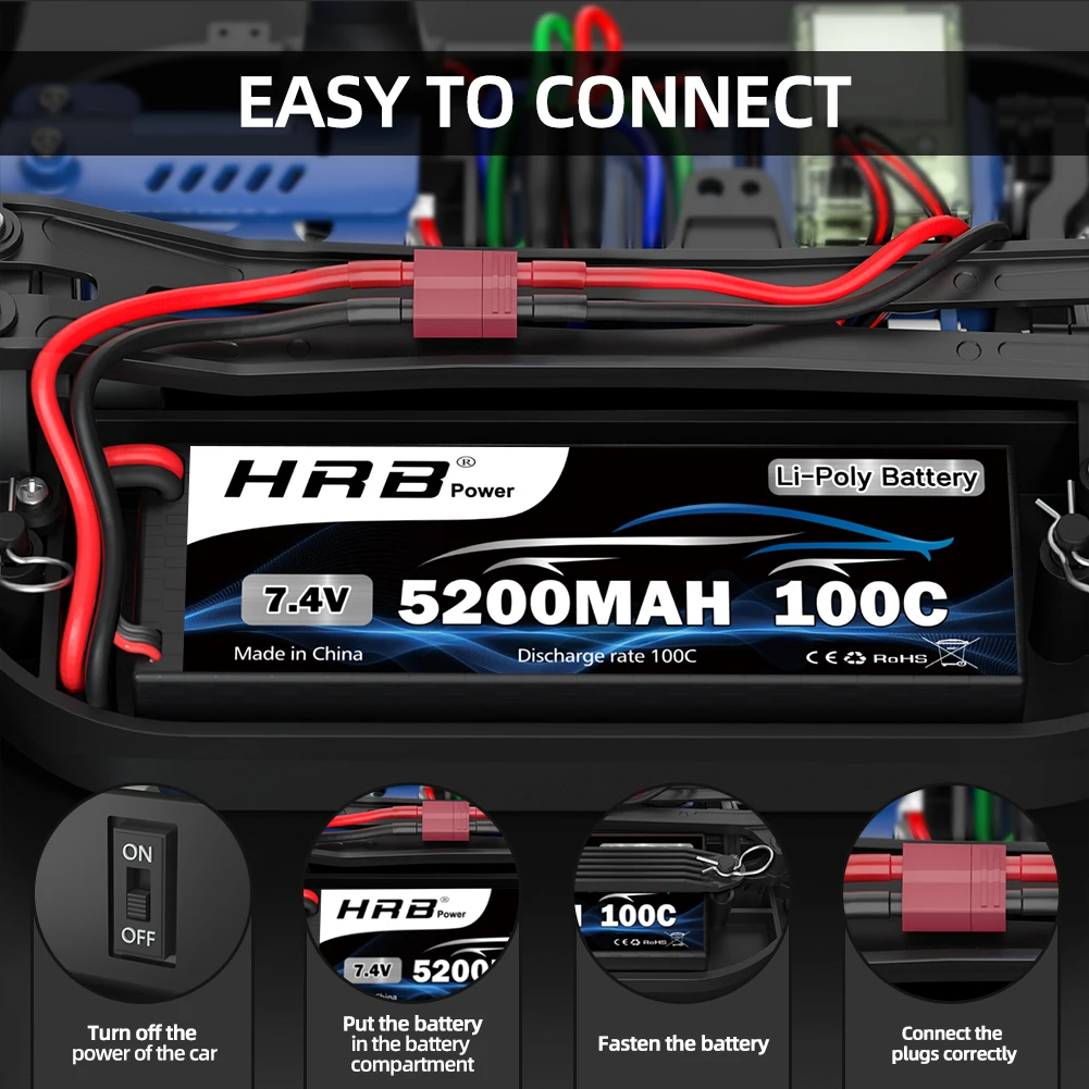 1/2pcs HRB 2S 7.4V 5200mah Lipo Battery 100C RC Car Battery with T Deans Plug Hard case Battery for RC Car Truck Tank 1/10 1/12