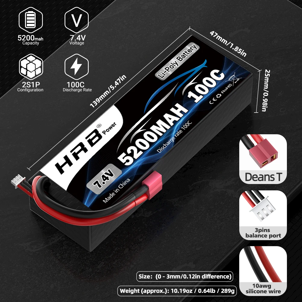 1/2pcs HRB 2S 7.4V 5200mah Lipo Battery 100C RC Car Battery with T Deans Plug Hard case Battery for RC Car Truck Tank 1/10 1/12