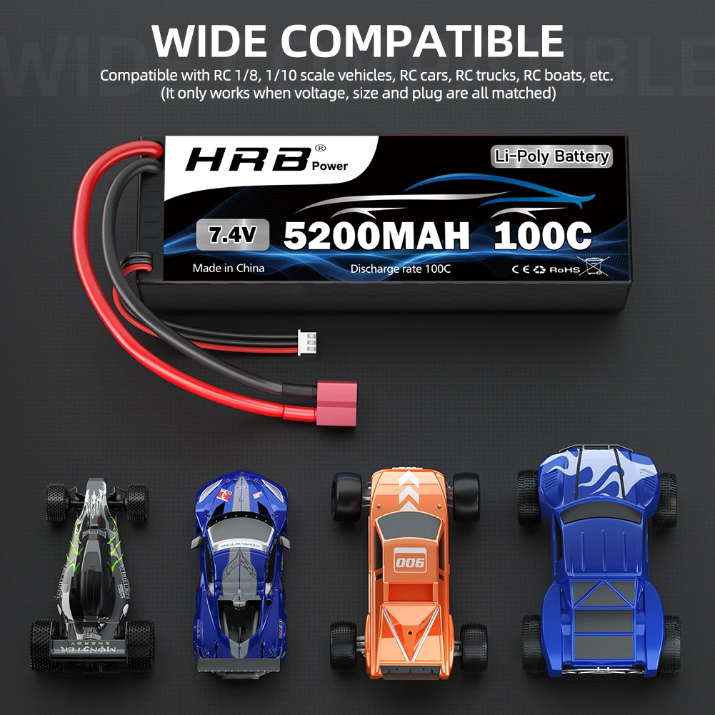1/2pcs HRB 2S 7.4V 5200mah Lipo Battery 100C RC Car Battery with T Deans Plug Hard case Battery for RC Car Truck Tank 1/10 1/12