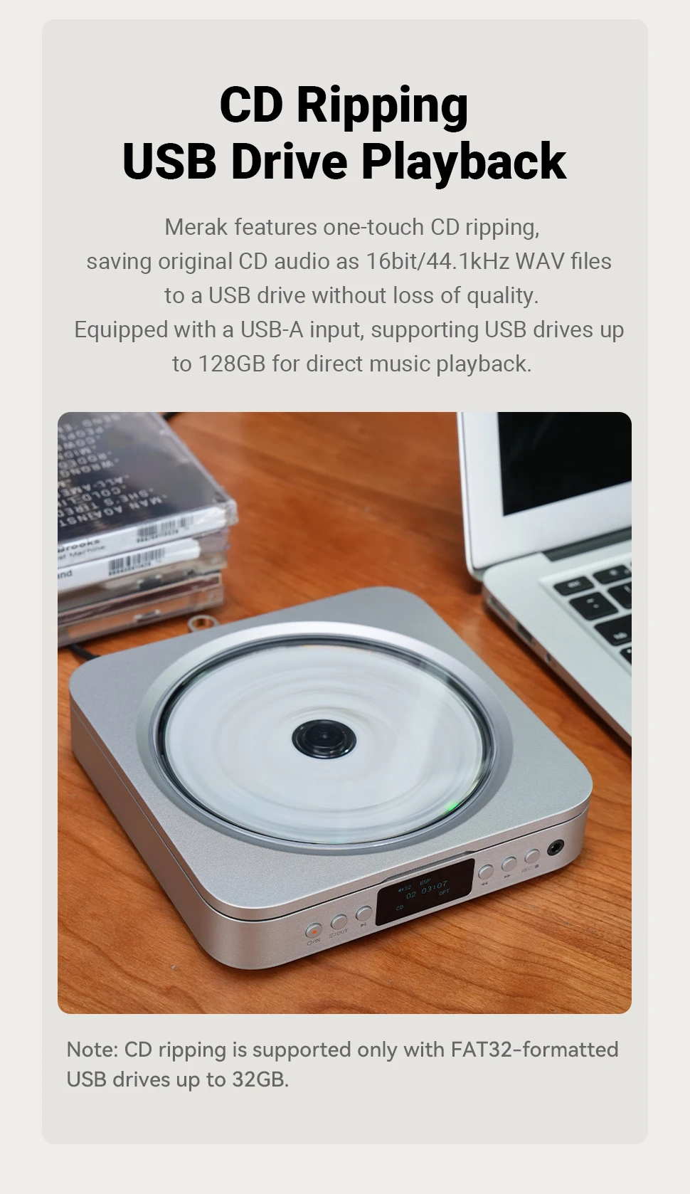 Fosi Audio Merak HiFi CD Player with Remote CS43131 DAC 210MW *2 Headphone Amp Supports USB Ripping USB Drive Input