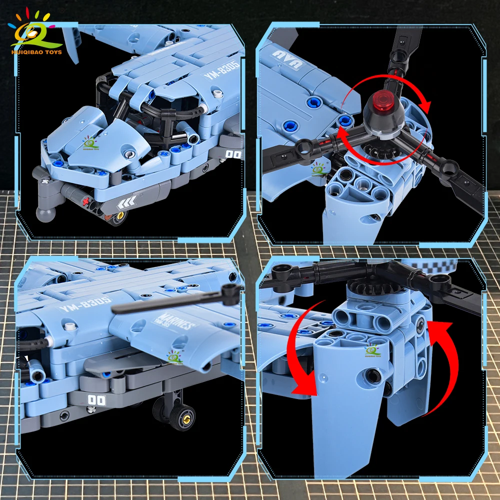 HUIQIBAO MOC V-22 Tiltrotor Aircraft Helicopter Building Block Children Military Airplane Model Bricks Toy Home Decor.