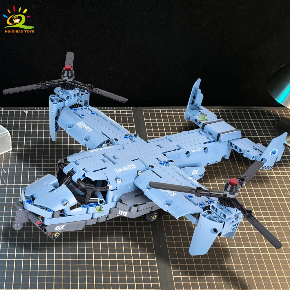 HUIQIBAO MOC V-22 Tiltrotor Aircraft Helicopter Building Block Children Military Airplane Model Bricks Toy Home Decor.