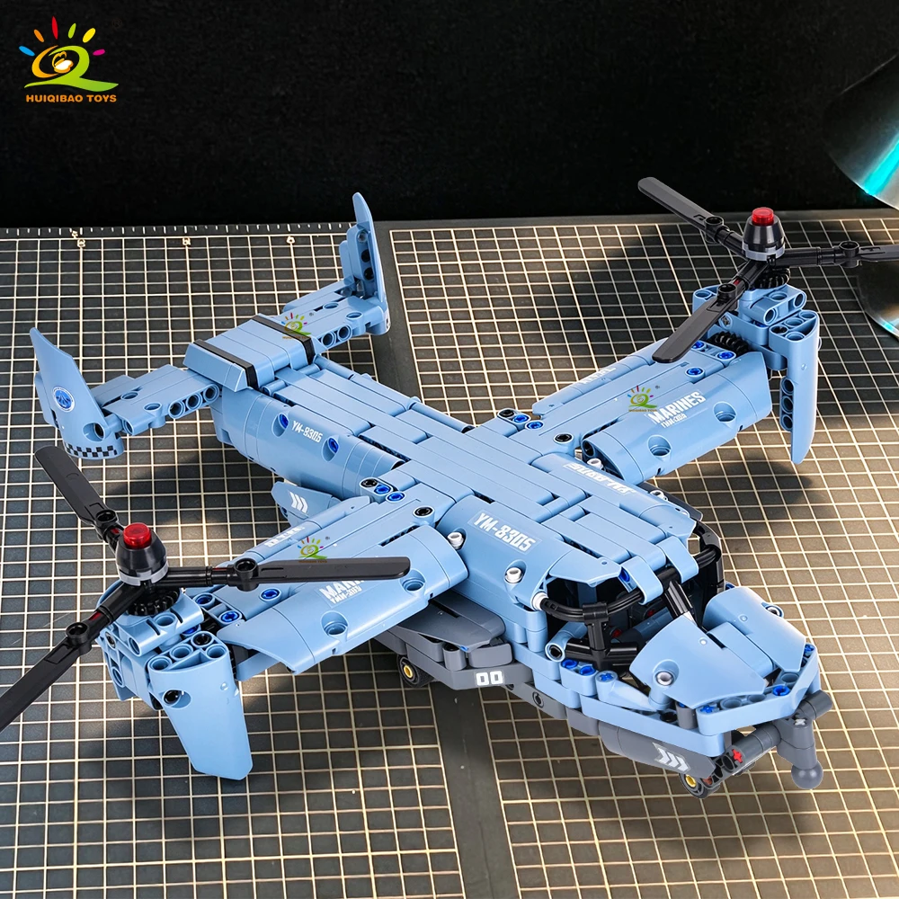 HUIQIBAO MOC V-22 Tiltrotor Aircraft Helicopter Building Block Children Military Airplane Model Bricks Toy Home Decor.