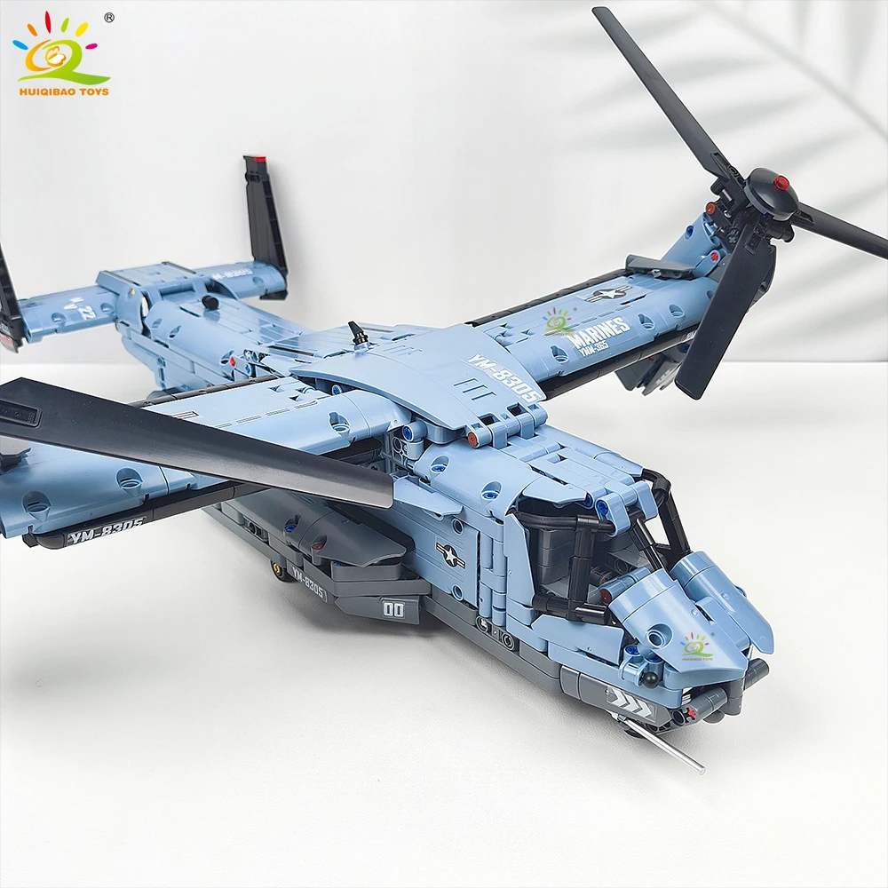 HUIQIBAO MOC V-22 Tiltrotor Aircraft Helicopter Building Block Children Military Airplane Model Bricks Toy Home Decor.