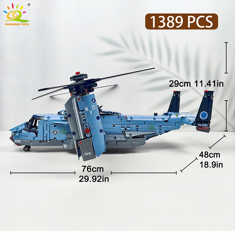 HUIQIBAO MOC V-22 Tiltrotor Aircraft Helicopter Building Block Children Military Airplane Model Bricks Toy Home Decor.