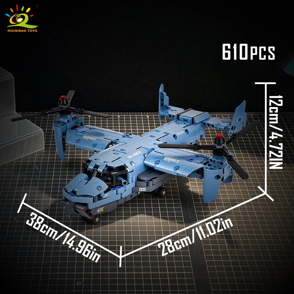 HUIQIBAO MOC V-22 Tiltrotor Aircraft Helicopter Building Block Children Military Airplane Model Bricks Toy Home Decor.