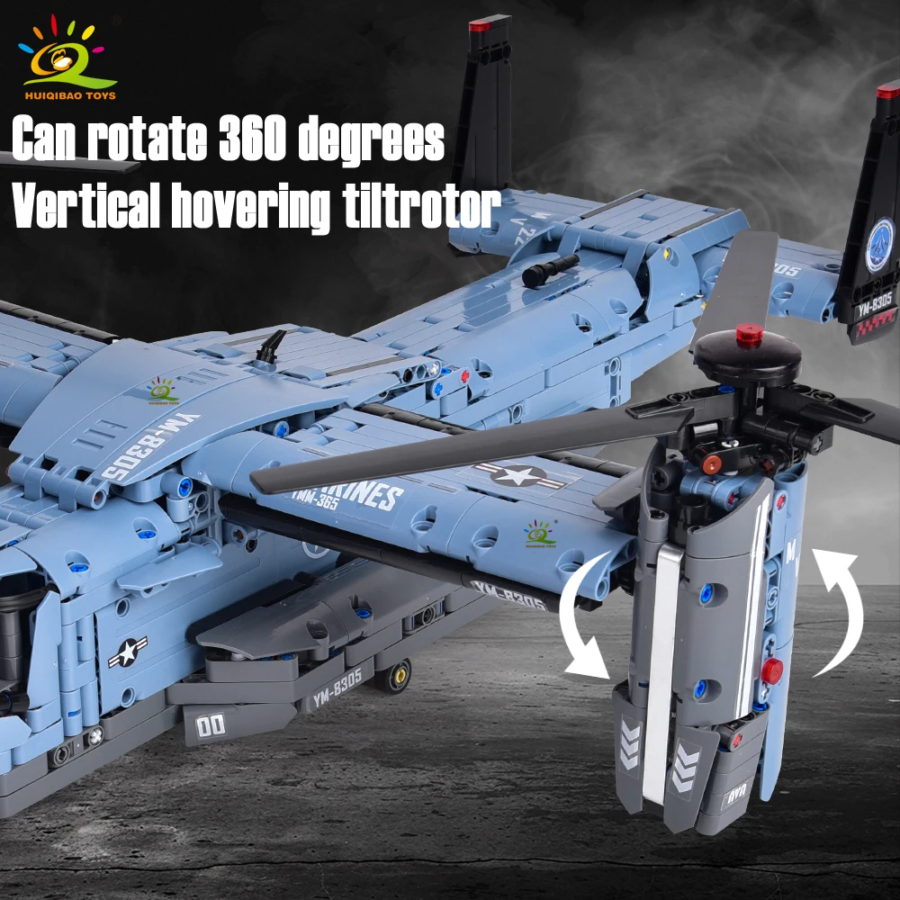 HUIQIBAO MOC V-22 Tiltrotor Aircraft Helicopter Building Block Children Military Airplane Model Bricks Toy Home Decor.