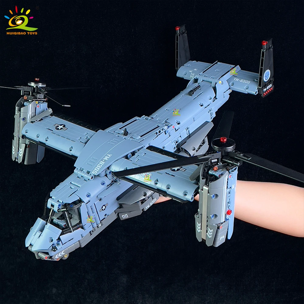 HUIQIBAO MOC V-22 Tiltrotor Aircraft Helicopter Building Block Children Military Airplane Model Bricks Toy Home Decor.