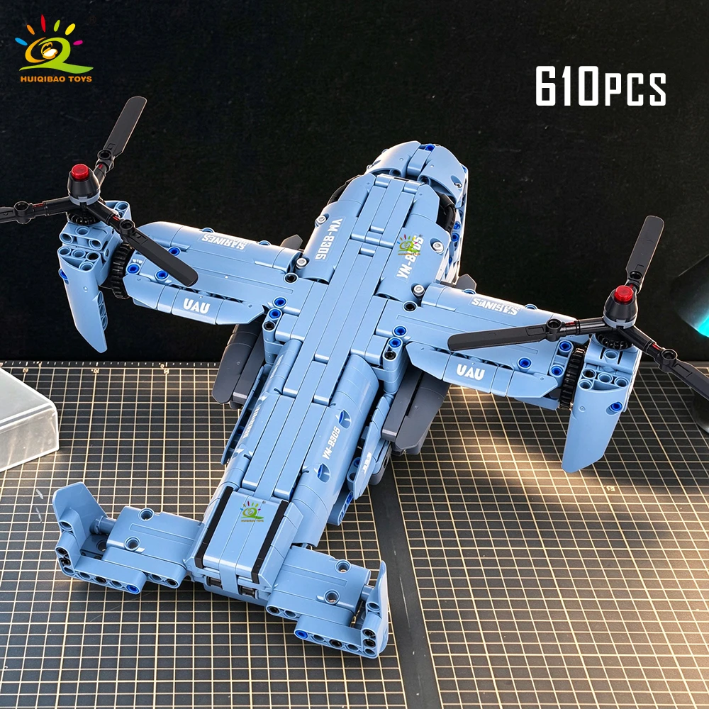 HUIQIBAO MOC V-22 Tiltrotor Aircraft Helicopter Building Block Children Military Airplane Model Bricks Toy Home Decor.