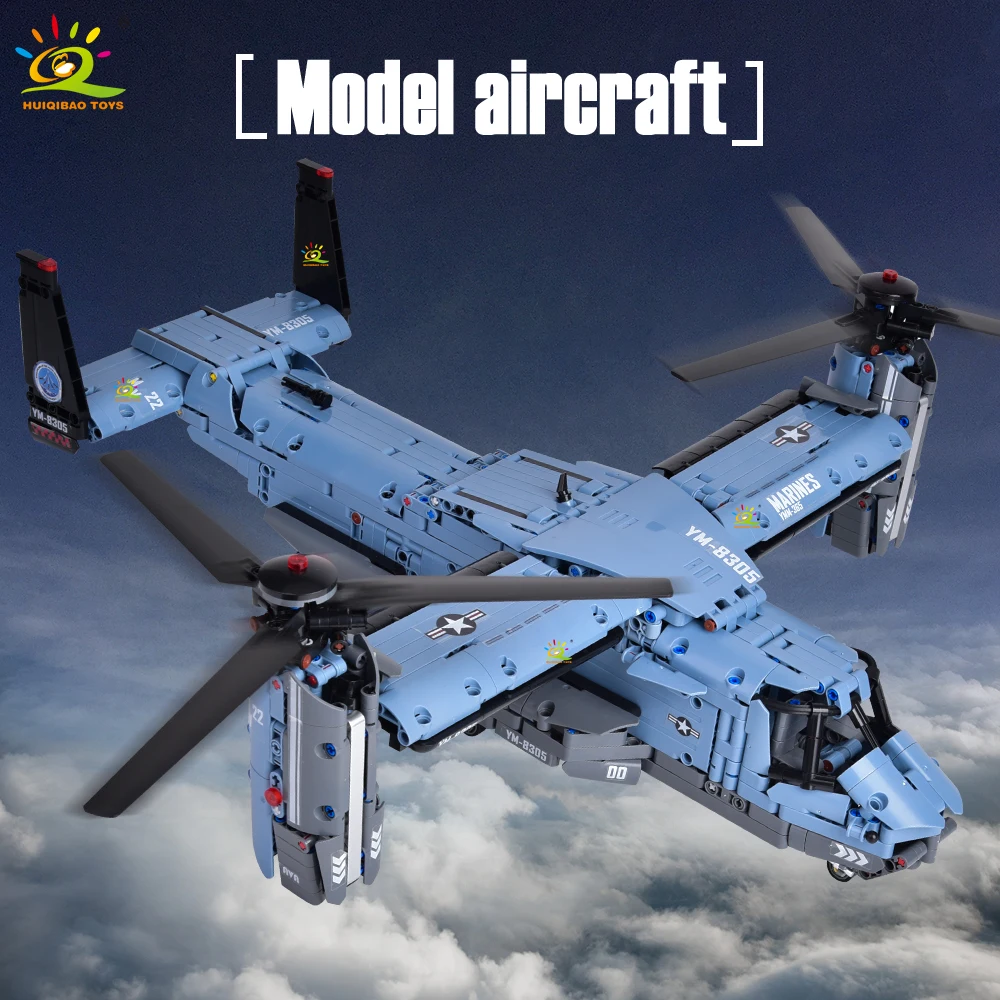 HUIQIBAO MOC V-22 Tiltrotor Aircraft Helicopter Building Block Children Military Airplane Model Bricks Toy Home Decor.