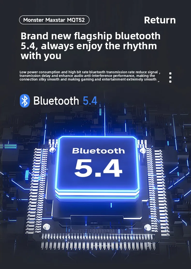 New Monster MQT52 TWS Wireless Bluetooth 5.4 Headset HIFI Stereo Music Gaming Earphones Talking Noise Canceling Earbuds