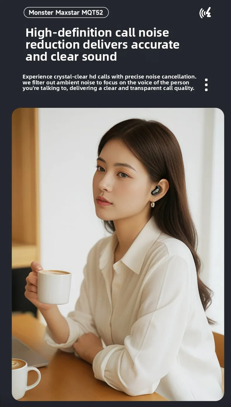 New Monster MQT52 TWS Wireless Bluetooth 5.4 Headset HIFI Stereo Music Gaming Earphones Talking Noise Canceling Earbuds