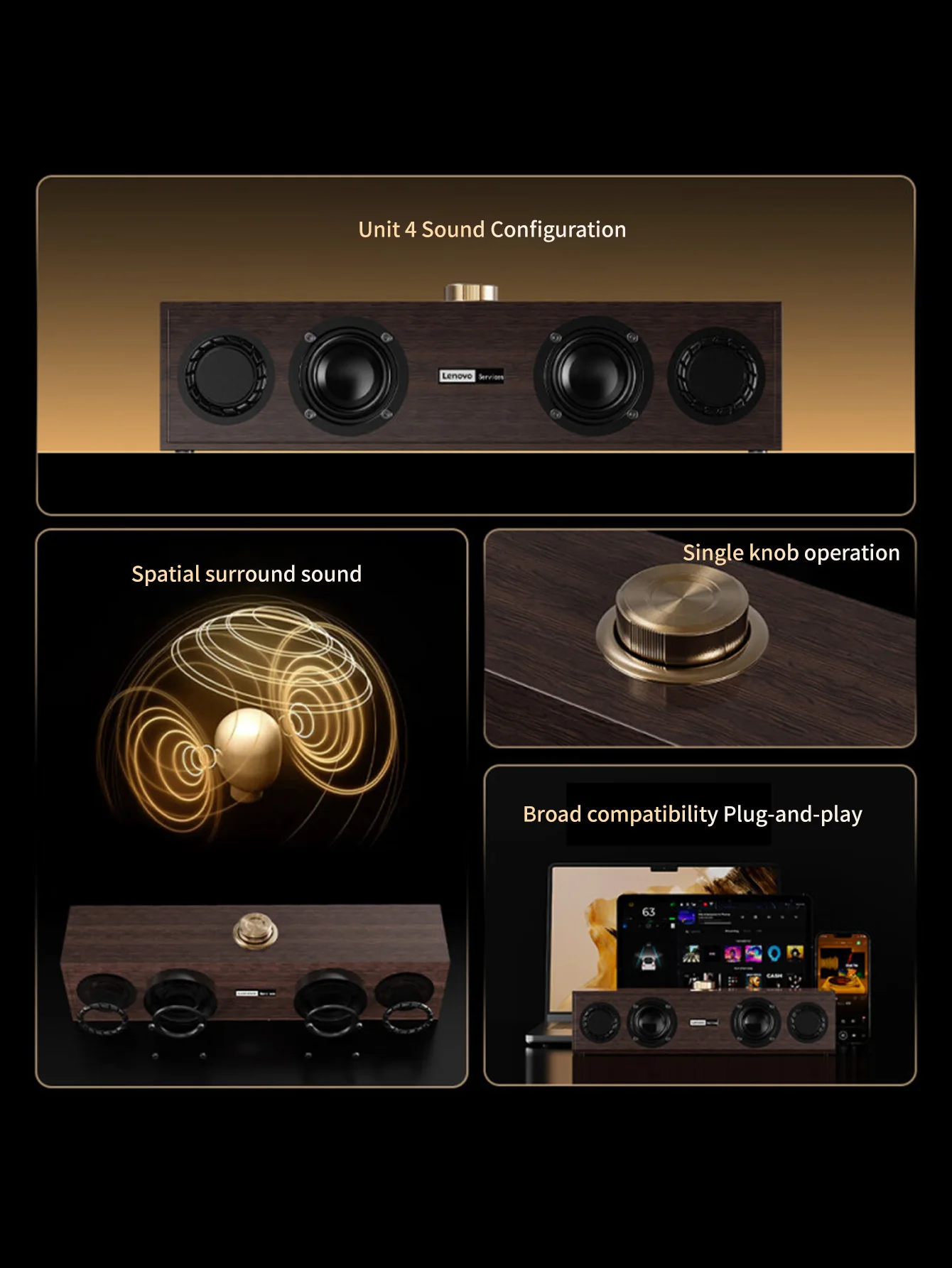 Lenovo C02 Wooden Speaker, Retro Bluetooth Wired Dual-Mode, Heavy Bass Desktop Computer Speaker, Wooden Subwoofer, Universal for Desktop and Laptop
