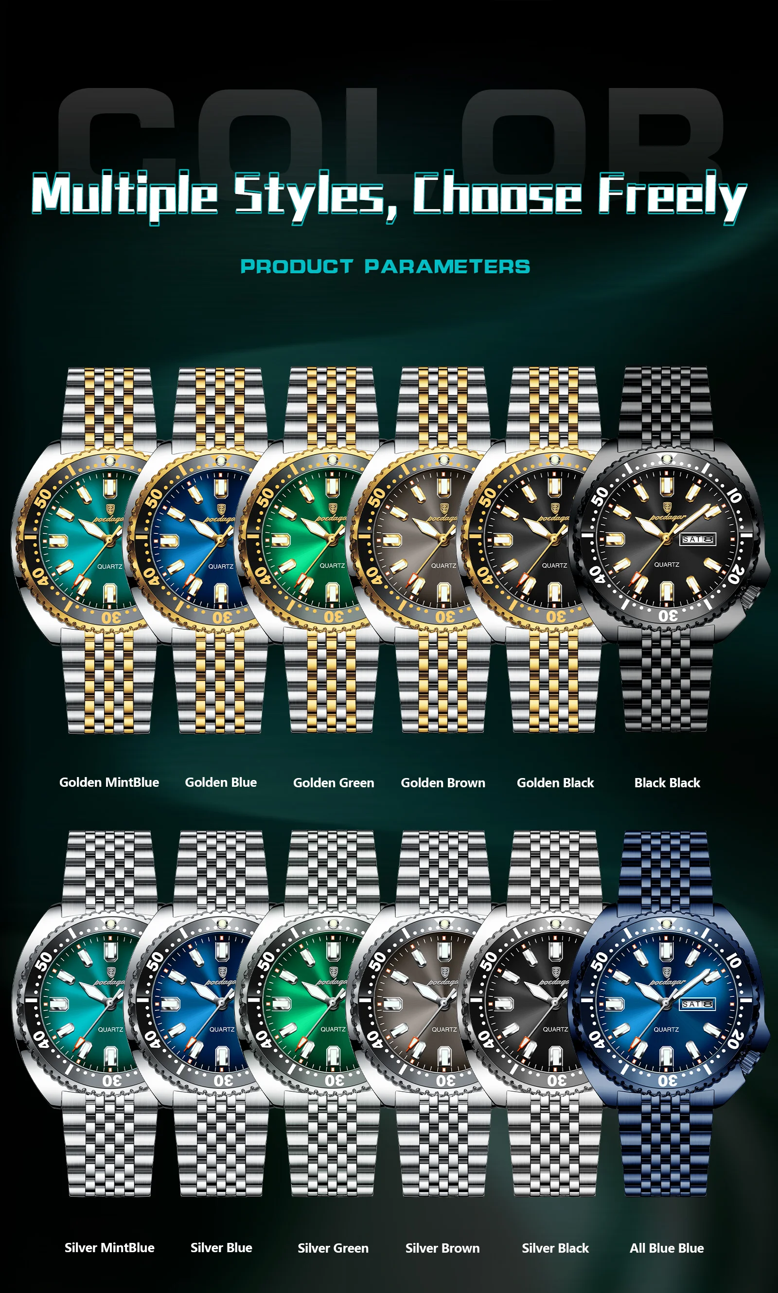 POEDAGAR Luxury Business Men Watch Date Week Waterproof Luminous Man Wristwatch Sport Stainless Steel Quartz Men's Watches Reloj