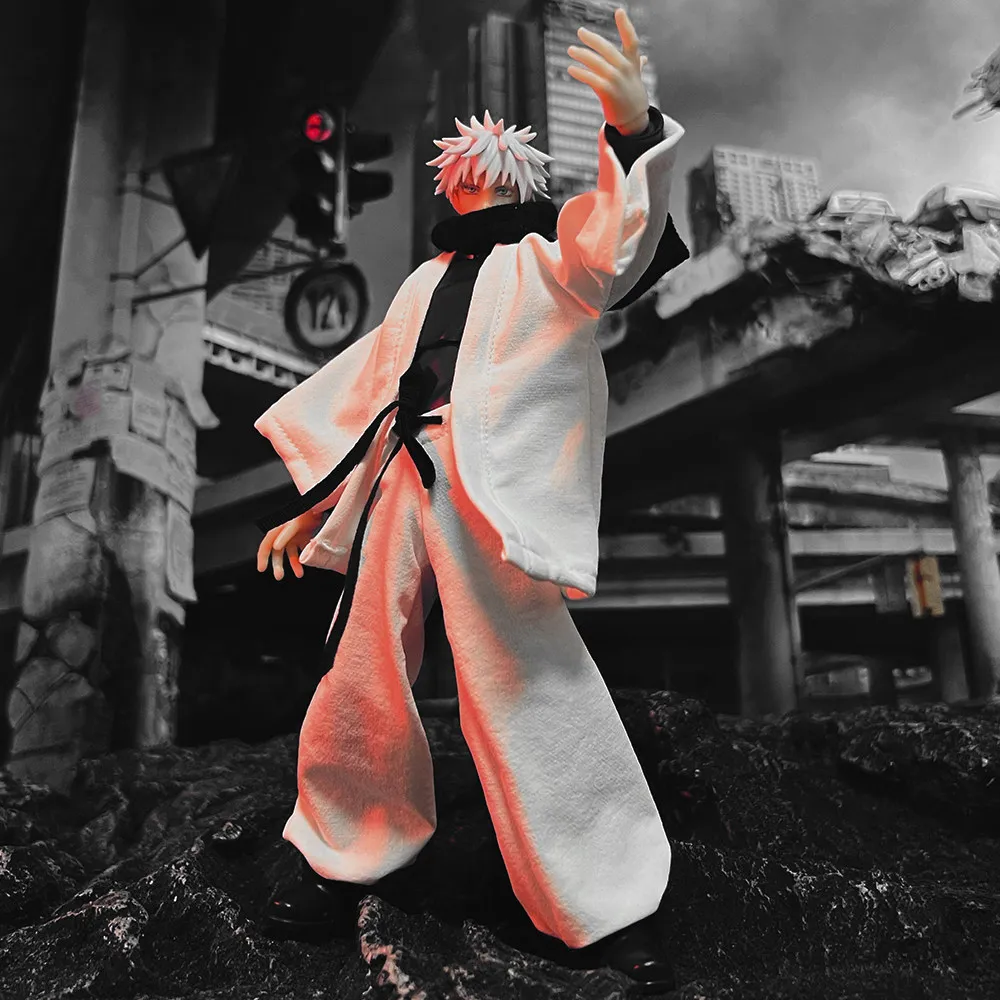 1/12 Scale Jujutsu Kaisen Gojo Satoru Clothes Set White Coat Lantern Pants with Scarf for 6" Action Figure Body Model
