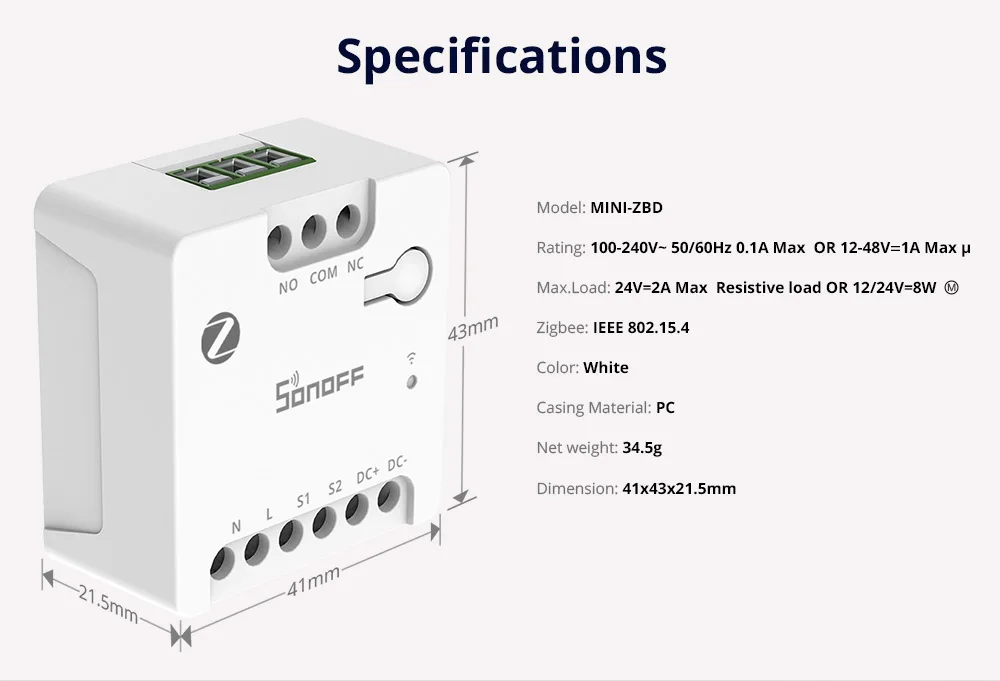 SONOFF MINI-ZBD MINI Dry Zigbee Dry Contact Smart Switch AC & DC Power Compatibility Control Garage Door,Motor,Boiler,Main Gate