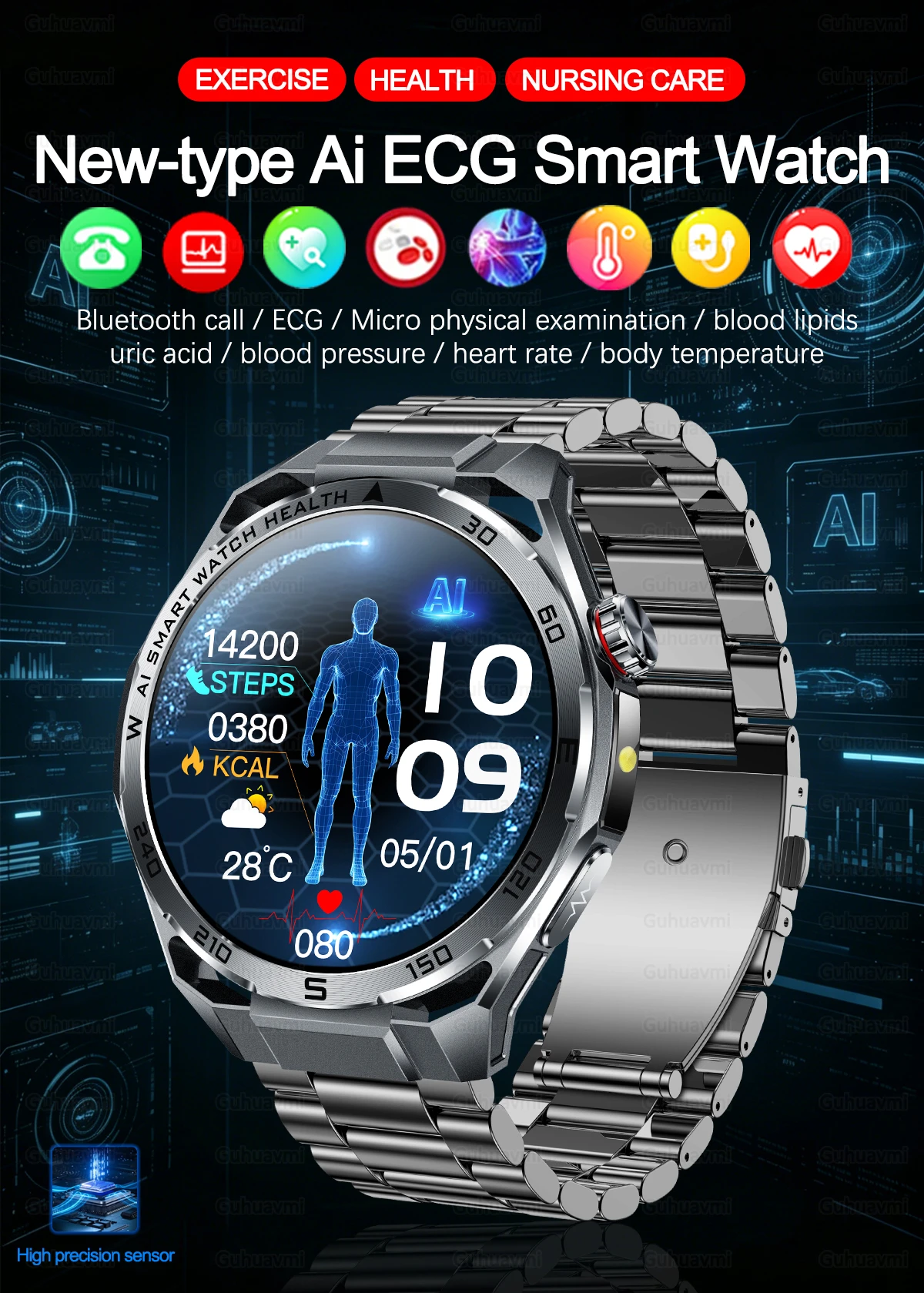 2026New Nursing-Grade AI ECG Smart Watch 1.53''Sapphire Glass Heart Rate Blood Lipid Uric Acid Monitor Bluetooth Call Smartwatch