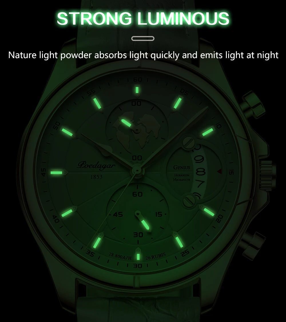 POEDAGAR Luxury Original Man Watch Chronograph Date Waterproof Men Wristwatch Leather Quartz Business Sports Men's Watches Reloj