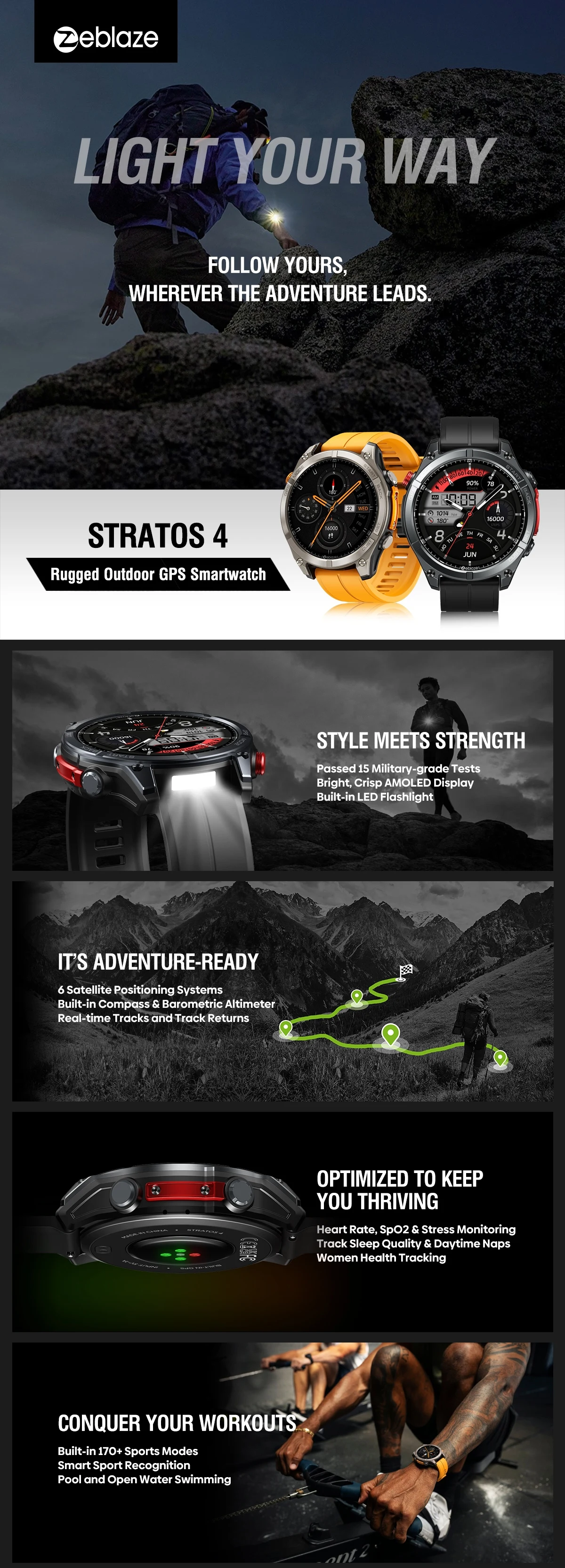 NEW 2025 Zeblaze Stratos 4 GPS Smartwatch 1.43" AMOLED Screen Compass Barometric Altimeter Flashlight Voice Calling Smart Watch