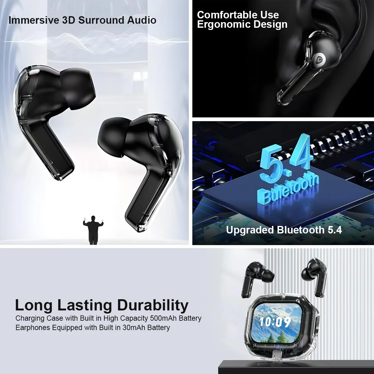 HLXZK 01 Bluetooth 5.4 Earphones AI Translator Earbuds OWS LCD Touch Screen Sport Wireless Headphones HD Stereo Sound Longlife