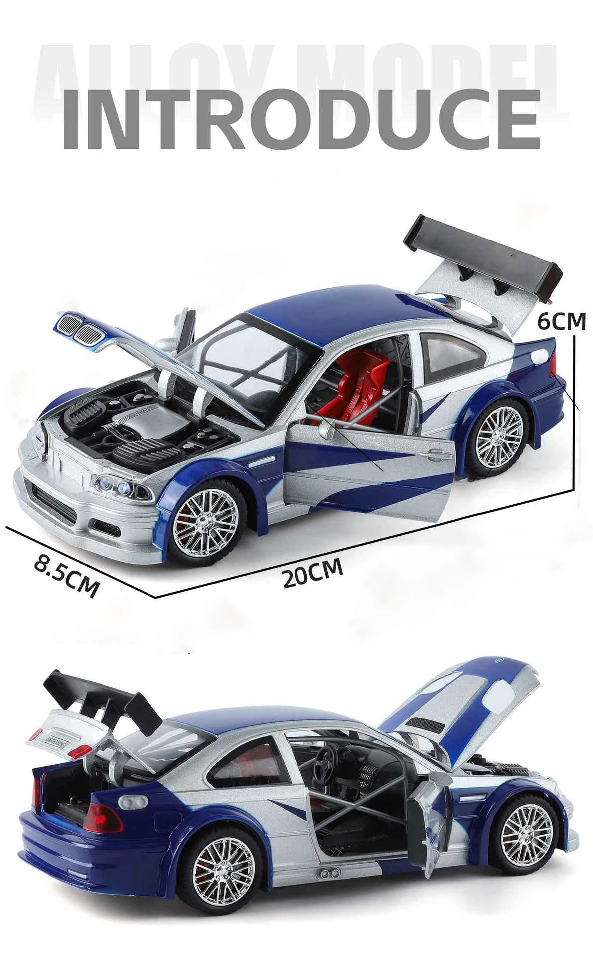 1:24 M3 E46 GTR Coupe Alloy Sports Car Model Diecast Metal Track Racing Vehicles Car Model Sound Light Simulation Kids Toys Gift
