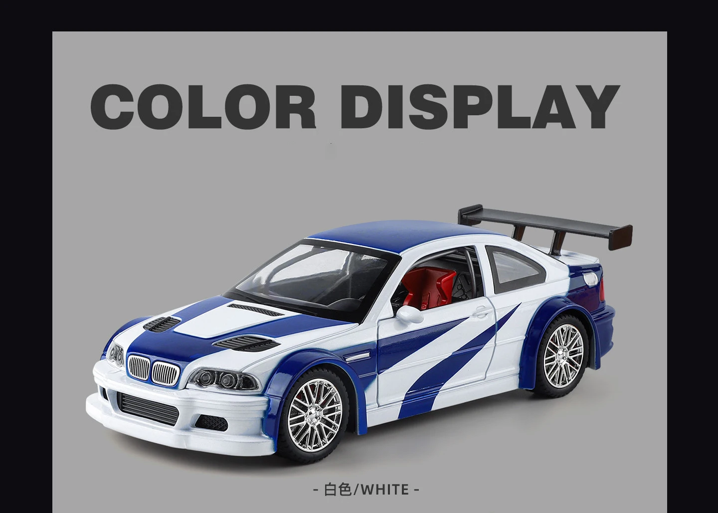 1:24 M3 E46 GTR Coupe Alloy Sports Car Model Diecast Metal Track Racing Vehicles Car Model Sound Light Simulation Kids Toys Gift