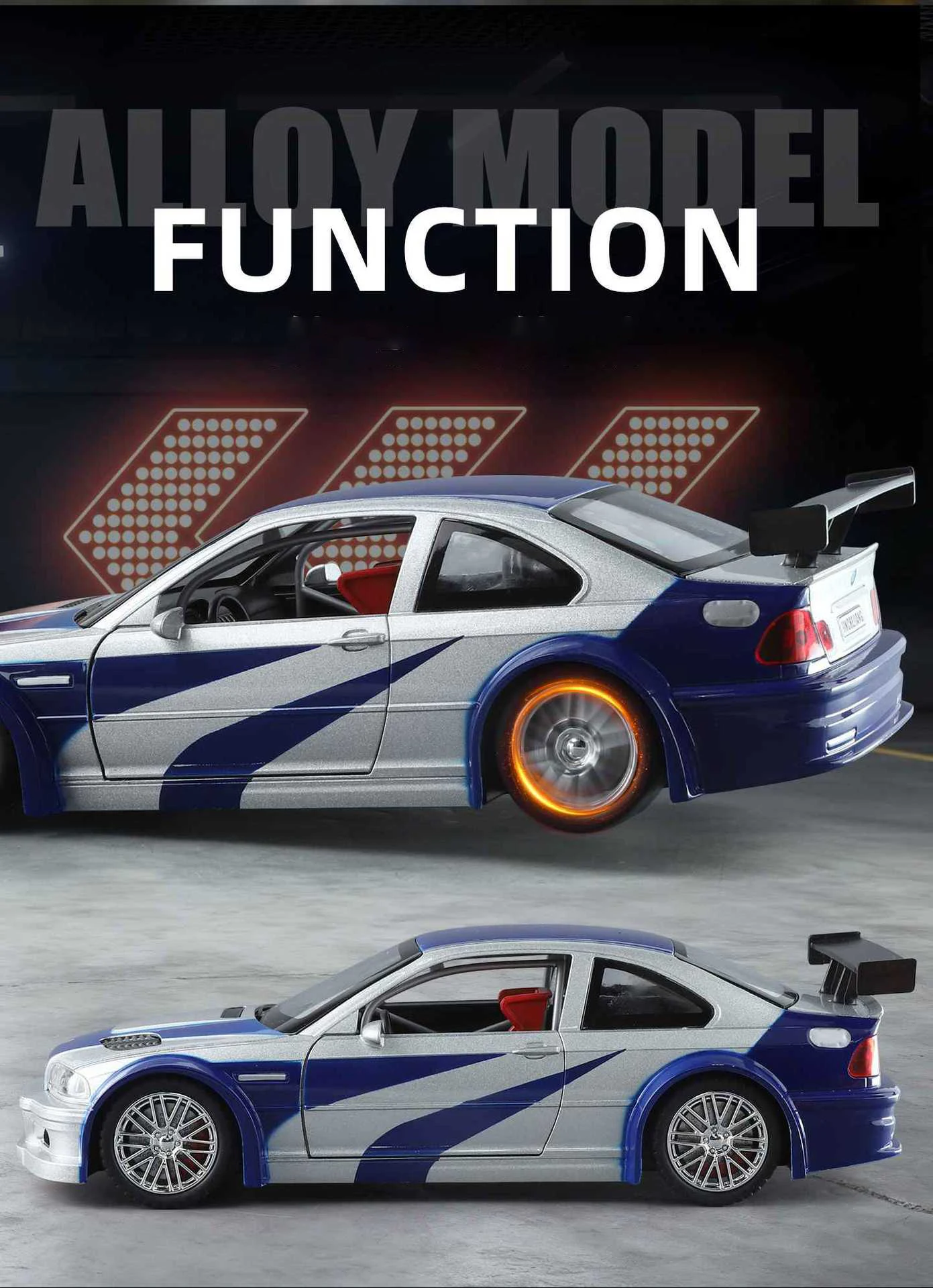 1:24 M3 E46 GTR Coupe Alloy Sports Car Model Diecast Metal Track Racing Vehicles Car Model Sound Light Simulation Kids Toys Gift