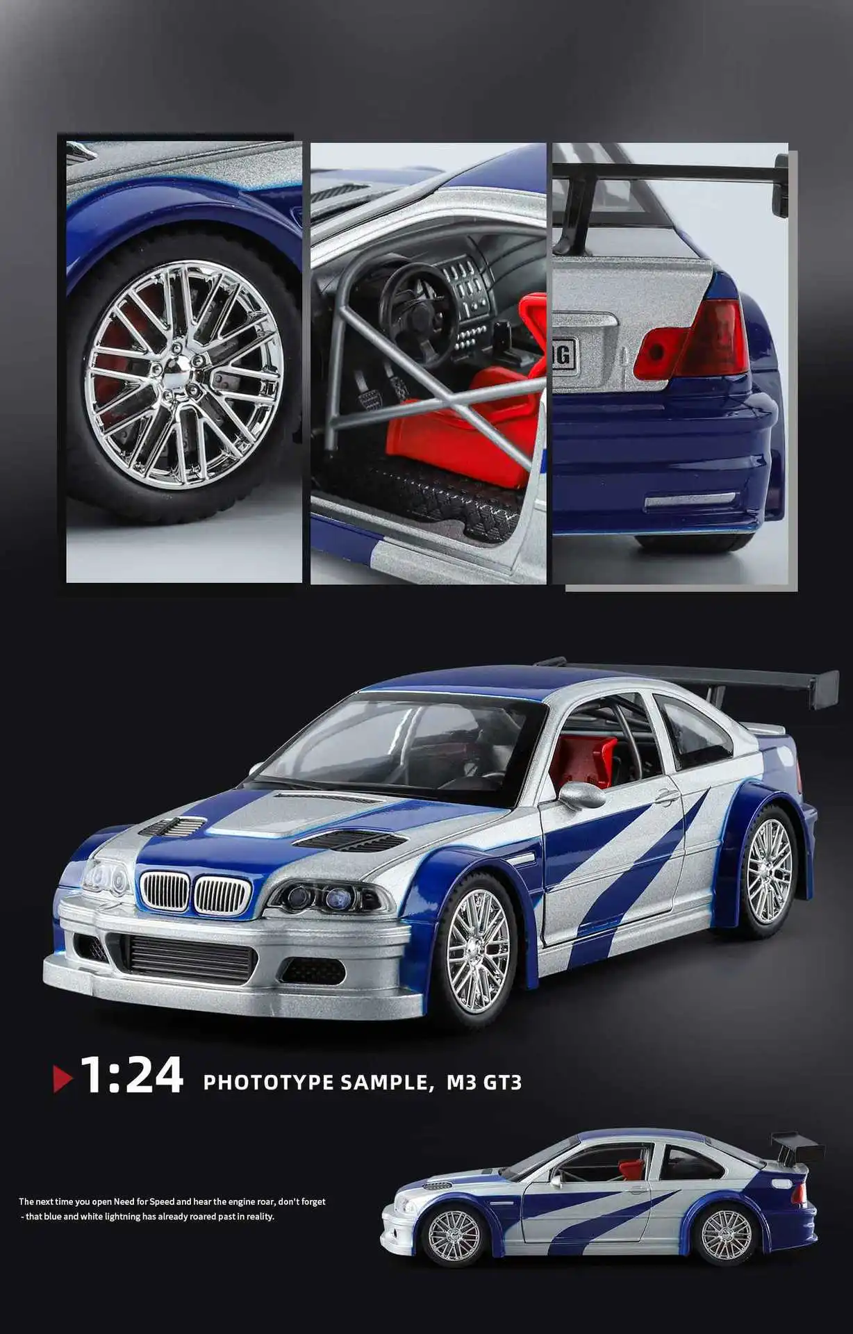 1:24 M3 E46 GTR Coupe Alloy Sports Car Model Diecast Metal Track Racing Vehicles Car Model Sound Light Simulation Kids Toys Gift