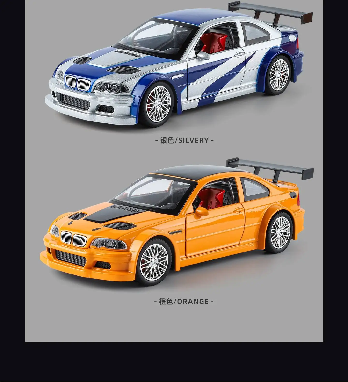1:24 M3 E46 GTR Coupe Alloy Sports Car Model Diecast Metal Track Racing Vehicles Car Model Sound Light Simulation Kids Toys Gift