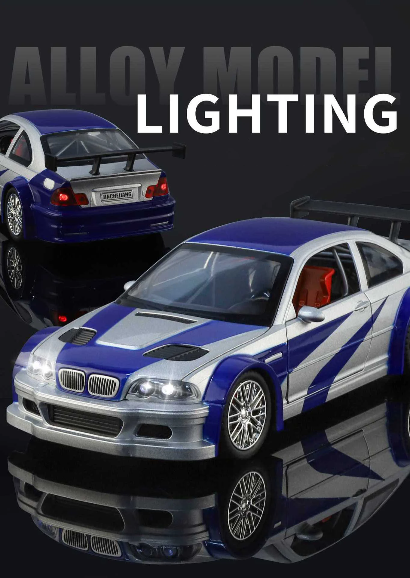 1:24 M3 E46 GTR Coupe Alloy Sports Car Model Diecast Metal Track Racing Vehicles Car Model Sound Light Simulation Kids Toys Gift