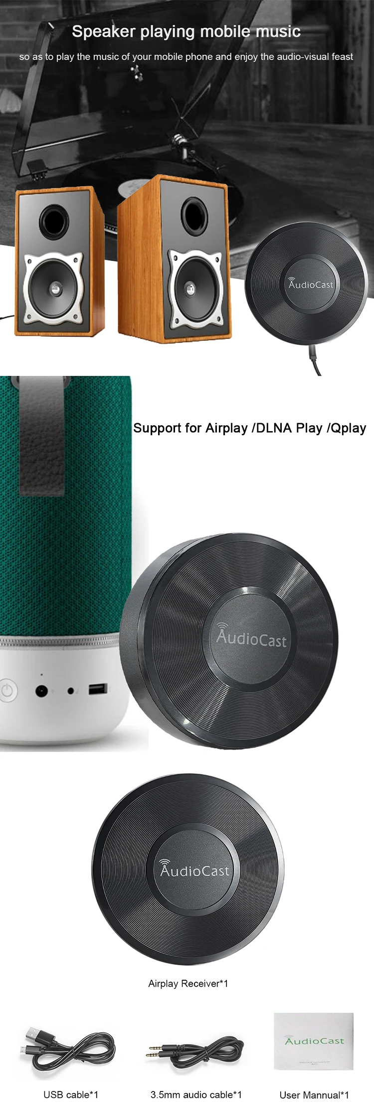 M5 AudioCast for Airplay Wireless Music Audio Speaker Receiver 2.4G WIFI Hifi Music for DLNA Airplay Adapter Spotify Streamer