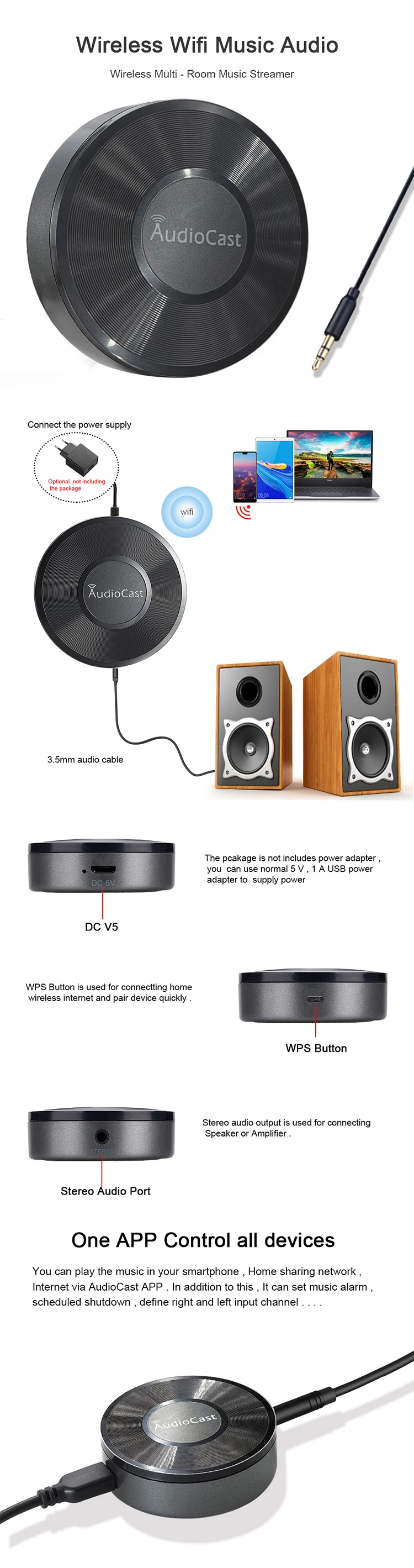 M5 AudioCast for Airplay Wireless Music Audio Speaker Receiver 2.4G WIFI Hifi Music for DLNA Airplay Adapter Spotify Streamer