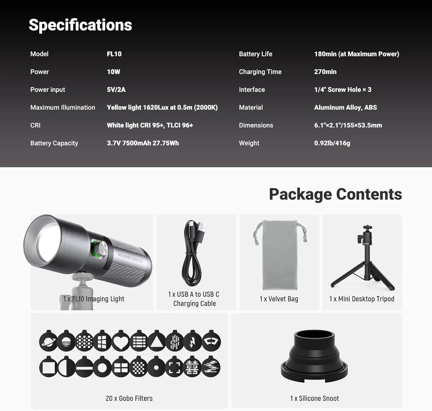 NEEWER BASICS RGB Photography Flashlight with Desk Tripod Stand/4 Colors/20 Gobo Filters/7500mAh, 10W 6300K CRI95+ LED Spotlight