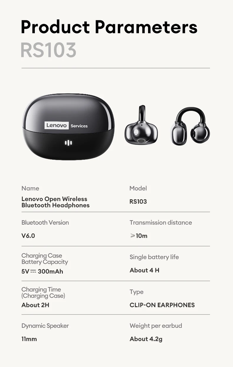 Lenovo RS103 Open Ear Clip Earring Earphones Wireless Bluetooth 6.0 Hifi Stereo Game Music Earbuds W Ear Ornaments Storage Bag